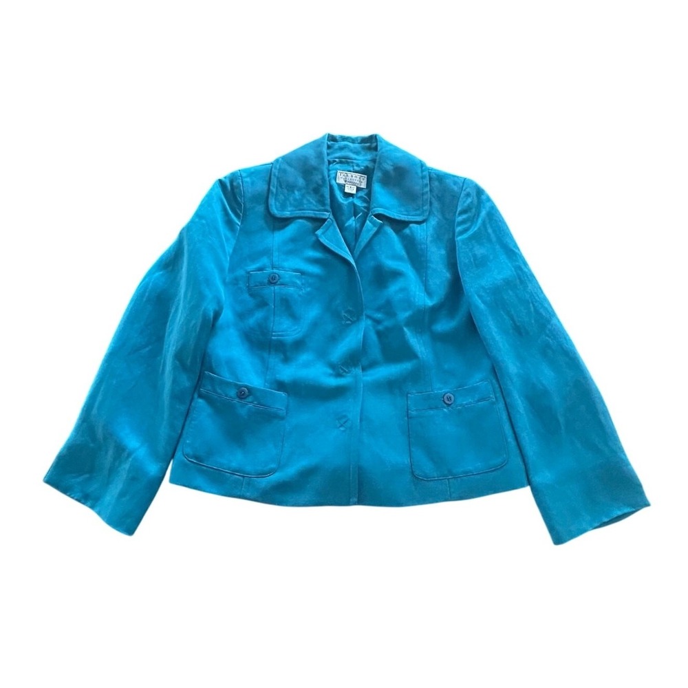 Talbots Blazer Women 8P Turquoise Blue Linen Silk Snap Front Quiet Luxury Spring